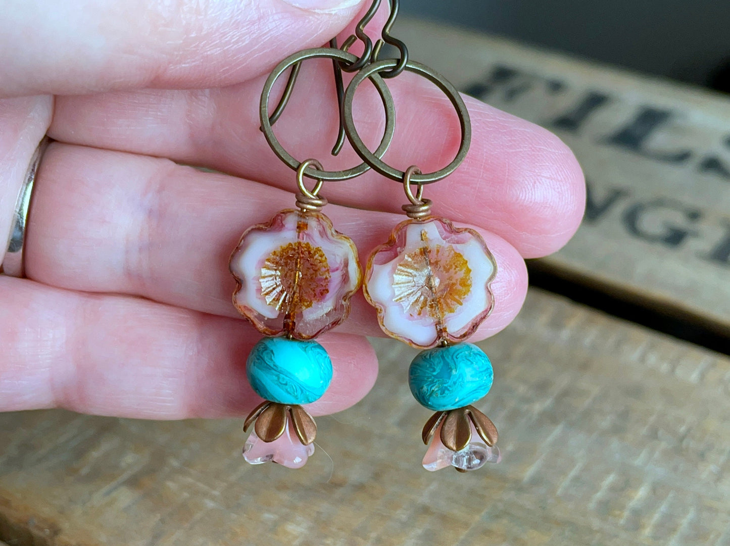 Spring Inspired Stacked Czech Glass Flower Earrings. Rose Pink  Green Floral Earrings. Glass Flower Earrings