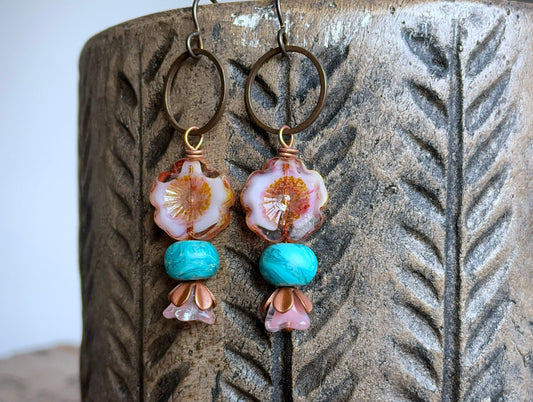 Spring Inspired Stacked Czech Glass Flower Earrings. Rose Pink  Green Floral Earrings. Glass Flower Earrings