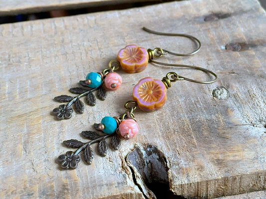 Coral Pink Czech Glass Flower Earrings - Spring Blossom Brass Jewellery