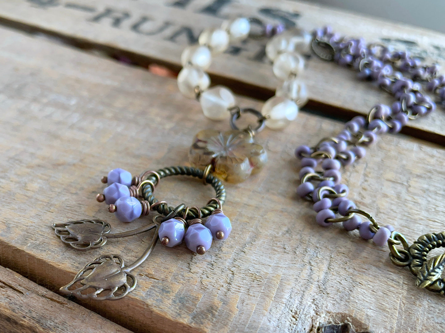 Bohemian Style Purple & Cream Necklace with Brass Leaf and Czech Glass Flower - Nature Lover Jewellery.