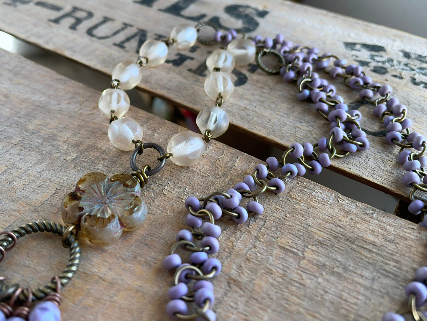 Bohemian Style Purple & Cream Necklace with Brass Leaf and Czech Glass Flower - Nature Lover Jewellery.