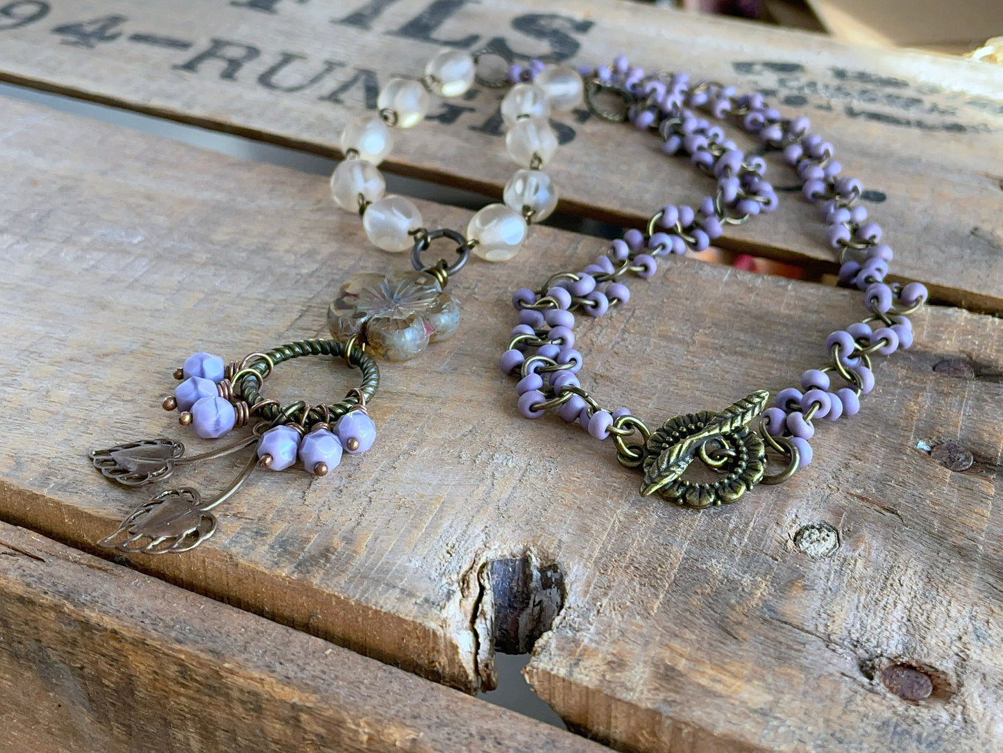 Bohemian Style Purple & Cream Necklace with Brass Leaf and Czech Glass Flower - Nature Lover Jewellery.