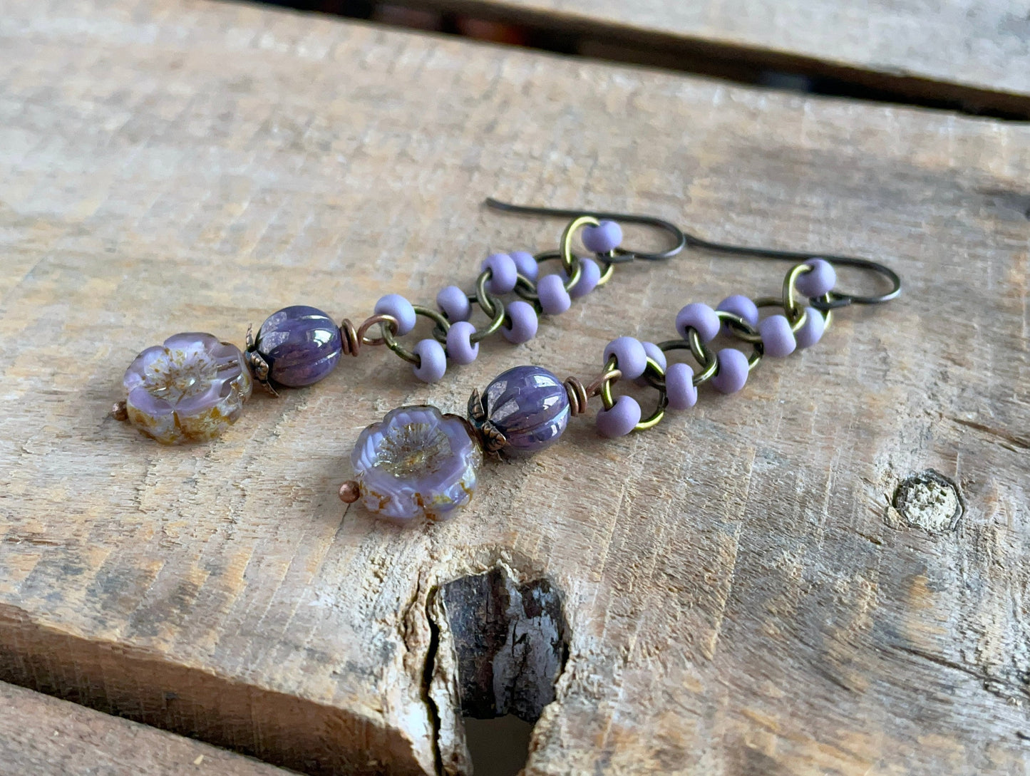 Lavender Purple Czech Glass Flower Earrings. Floral Earrings. Lightweight Chain Earrings. Simple Everyday Jewelry. Ready to Ship