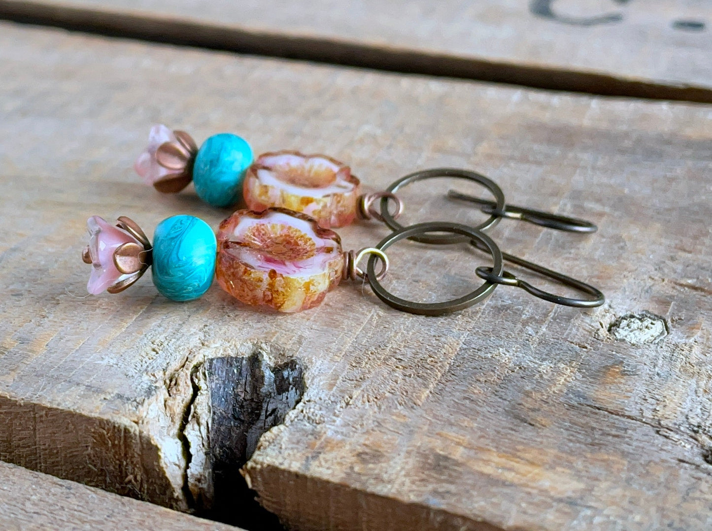 Spring Inspired Stacked Czech Glass Flower Earrings. Rose Pink  Green Floral Earrings. Glass Flower Earrings