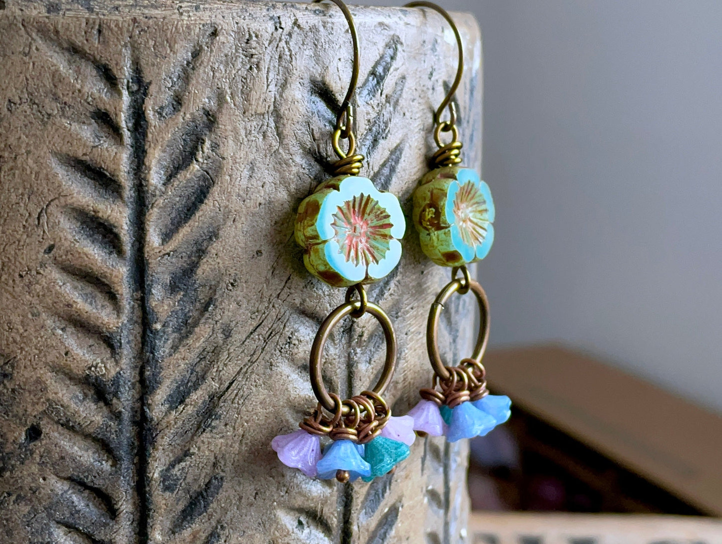 Colourful Czech Glass Flower Earrings. Cluster Earrings. Multi Colour Earrings. Boho Floral Earrings. Bohemian Style Jewellery