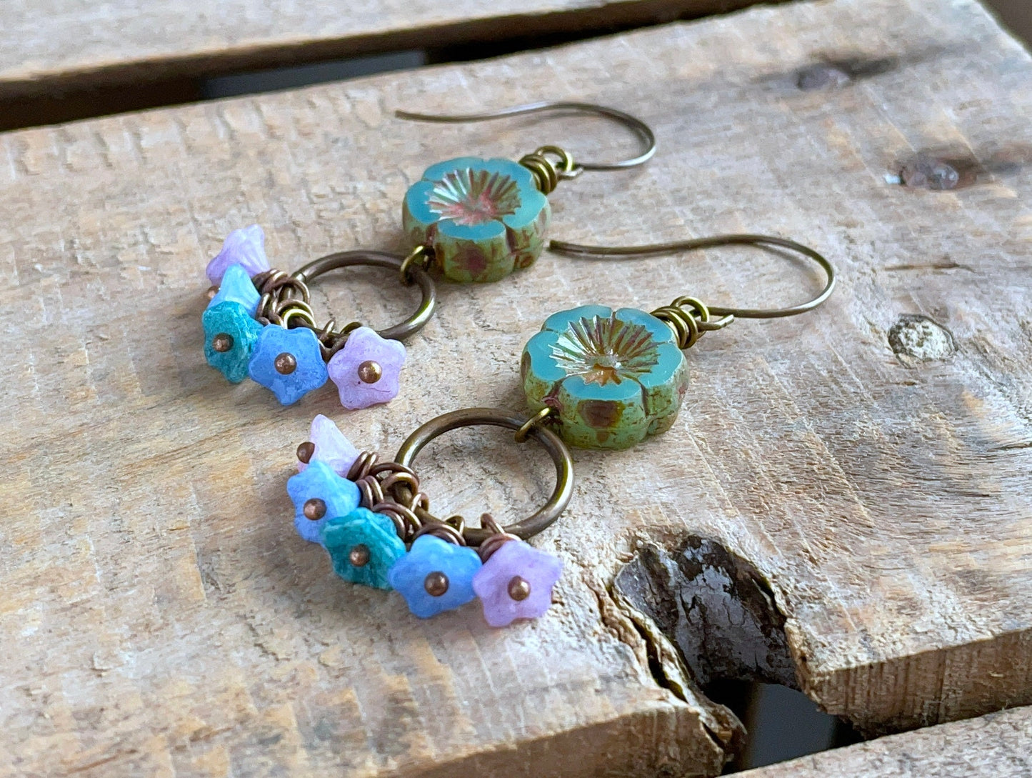 Colourful Czech Glass Flower Earrings. Cluster Earrings. Multi Colour Earrings. Boho Floral Earrings. Bohemian Style Jewellery