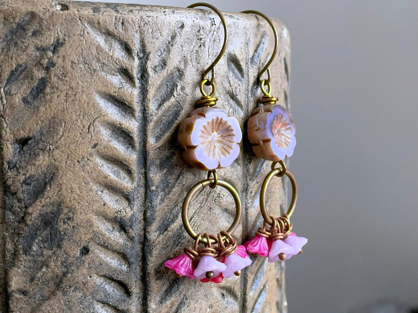 Spring Inspired Floral Earrings. Multi Colour Czech Glass Flower Earrings. Bohemian Style Cluster Earrings. Colourful Boho Earrings