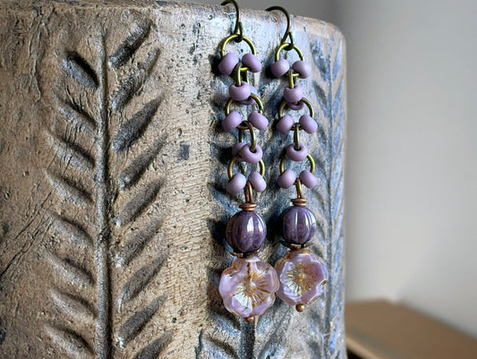 Lavender Purple Czech Glass Flower Earrings. Floral Earrings. Lightweight Chain Earrings. Simple Everyday Jewelry. Ready to Ship