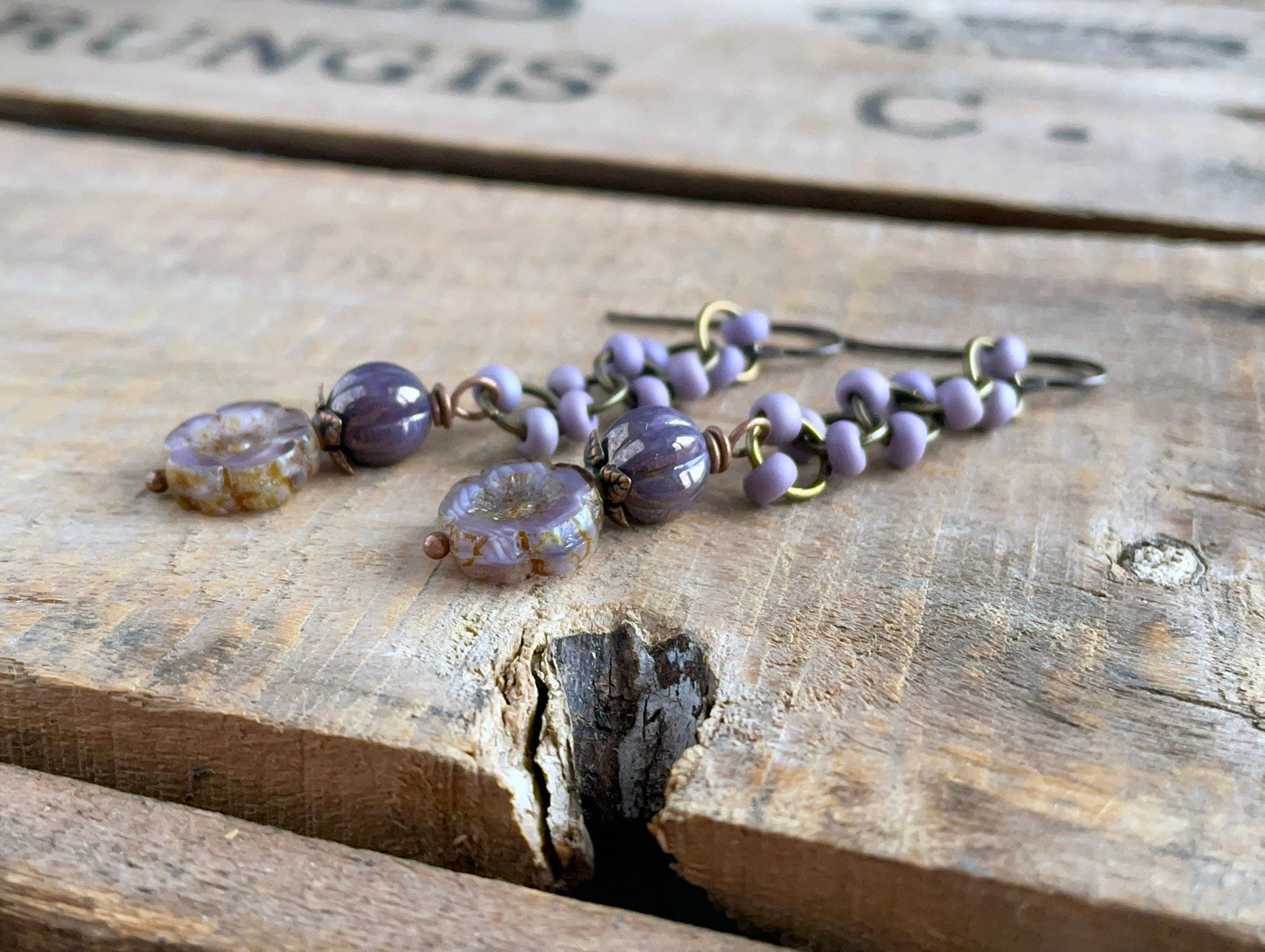 Lavender Purple Czech Glass Flower Earrings. Floral Earrings. Lightweight Chain Earrings. Simple Everyday Jewelry. Ready to Ship