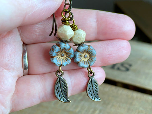 Sky Blue Czech Glass Flower Earrings. Petite Floral Earrings. Copper Leaf Earrings. Spring Jewelry. Nature Inspired Jewellery