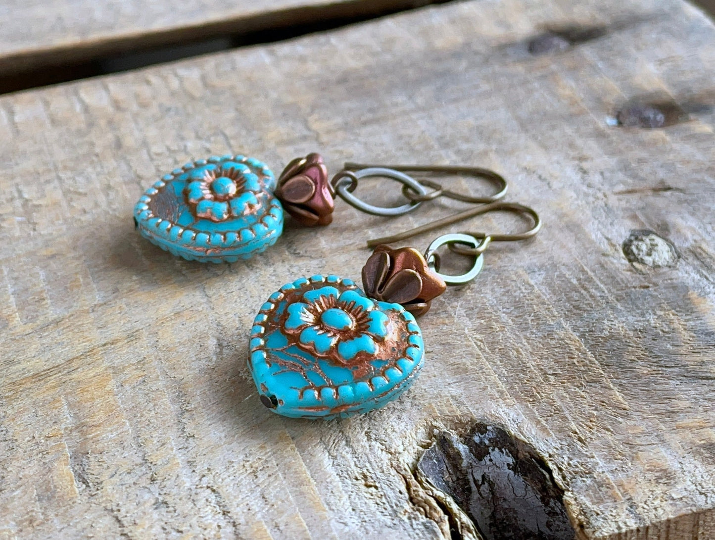 Rustic Turquoise & Copper Glass Heart Earrings. Colourful Czech Glass Bead Earrings. Summer Jewellery. Bohemian Style Jewellery