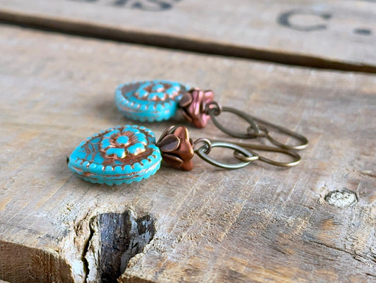 Rustic Turquoise & Copper Glass Heart Earrings. Colourful Czech Glass Bead Earrings. Summer Jewellery. Bohemian Style Jewellery