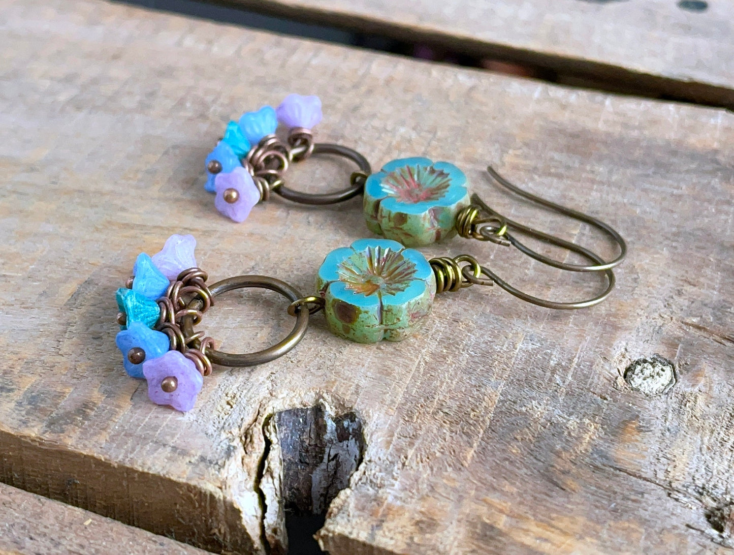 Colourful Czech Glass Flower Earrings. Cluster Earrings. Multi Colour Earrings. Boho Floral Earrings. Bohemian Style Jewellery