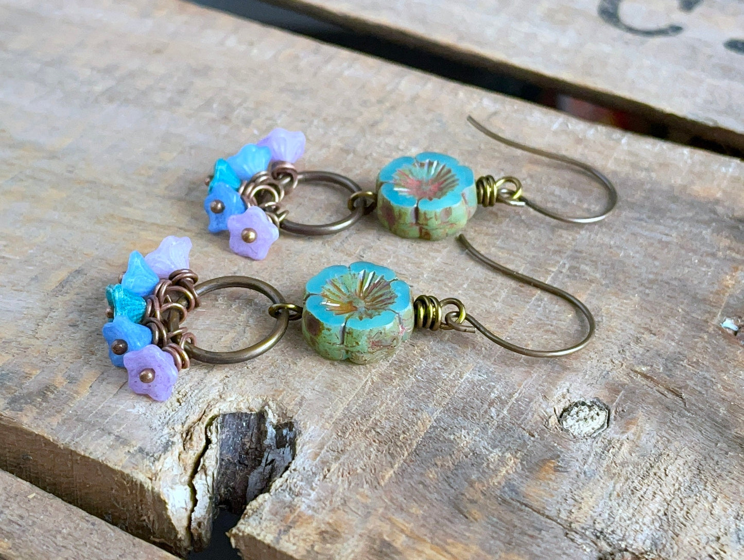 Colourful Czech Glass Flower Earrings. Cluster Earrings. Multi Colour Earrings. Boho Floral Earrings. Bohemian Style Jewellery