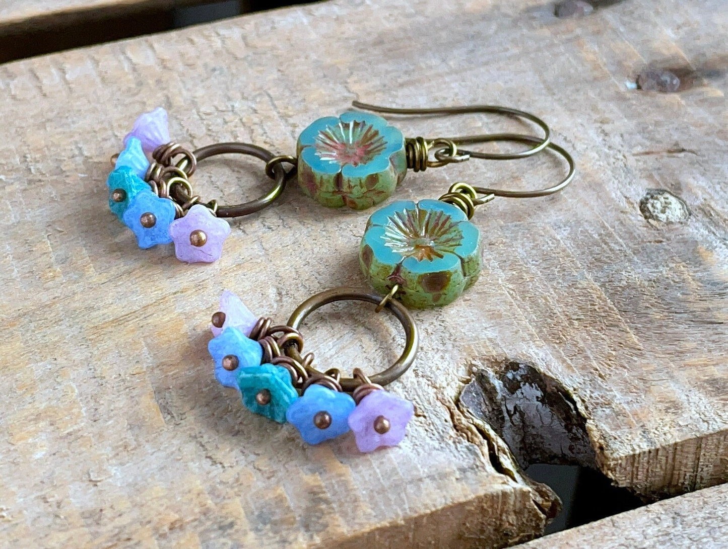 Colourful Czech Glass Flower Earrings. Cluster Earrings. Multi Colour Earrings. Boho Floral Earrings. Bohemian Style Jewellery