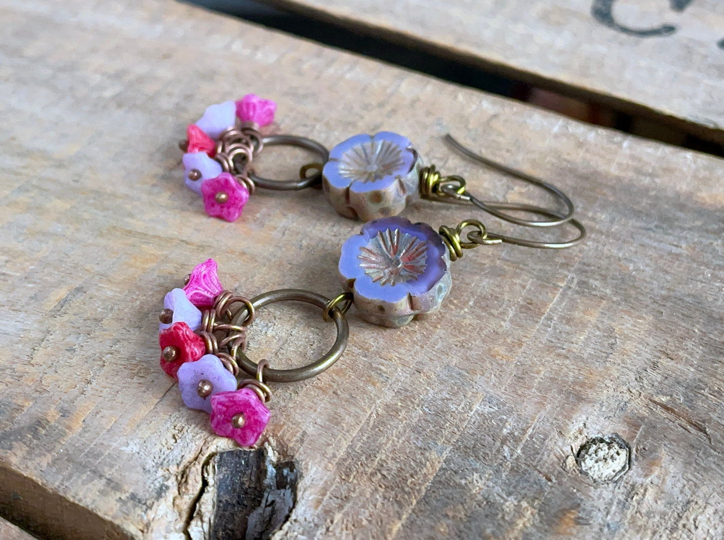 Spring Inspired Floral Earrings. Multi Colour Czech Glass Flower Earrings. Bohemian Style Cluster Earrings. Colourful Boho Earrings