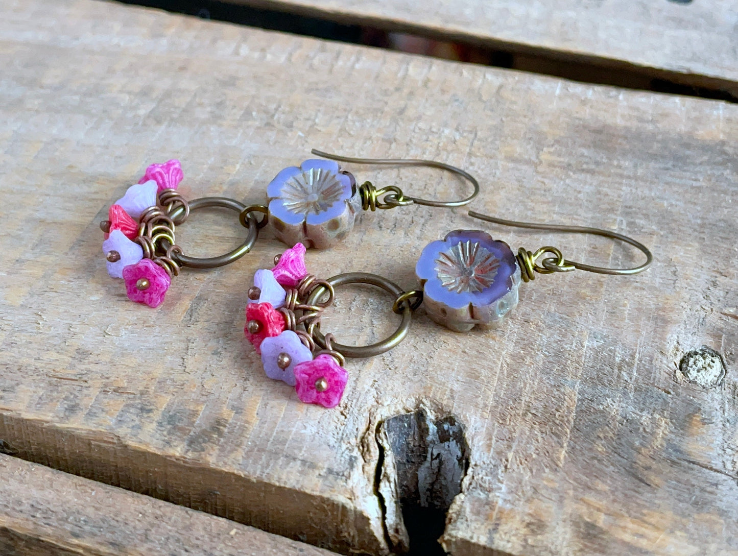 Spring Inspired Floral Earrings. Multi Colour Czech Glass Flower Earrings. Bohemian Style Cluster Earrings. Colourful Boho Earrings