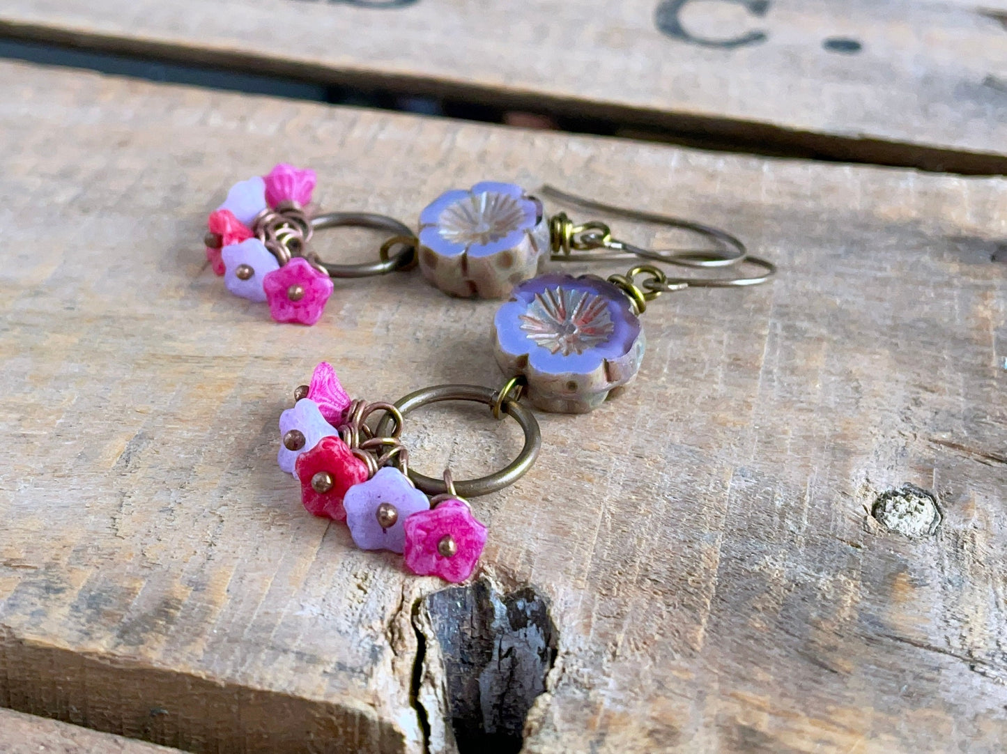 Spring Inspired Floral Earrings. Multi Colour Czech Glass Flower Earrings. Bohemian Style Cluster Earrings. Colourful Boho Earrings