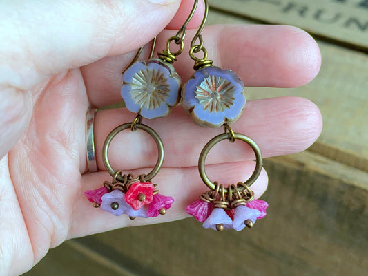 Spring Inspired Floral Earrings. Multi Colour Czech Glass Flower Earrings. Bohemian Style Cluster Earrings. Colourful Boho Earrings