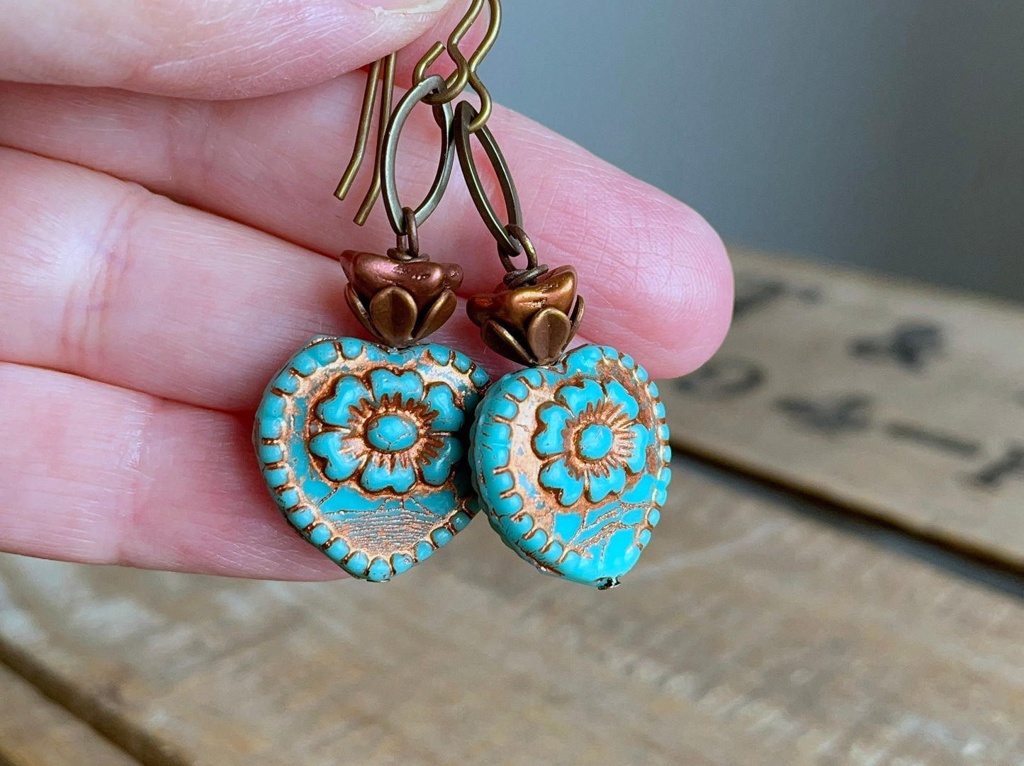 Rustic Turquoise & Copper Glass Heart Earrings. Colourful Czech Glass Bead Earrings. Summer Jewellery. Bohemian Style Jewellery