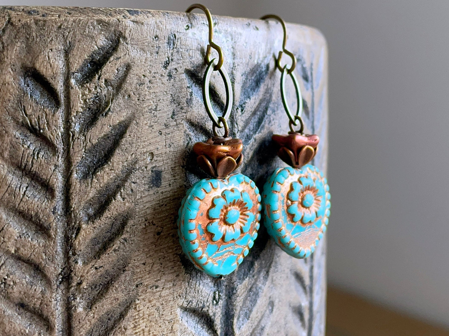 Rustic Turquoise & Copper Glass Heart Earrings. Colourful Czech Glass Bead Earrings. Summer Jewellery. Bohemian Style Jewellery