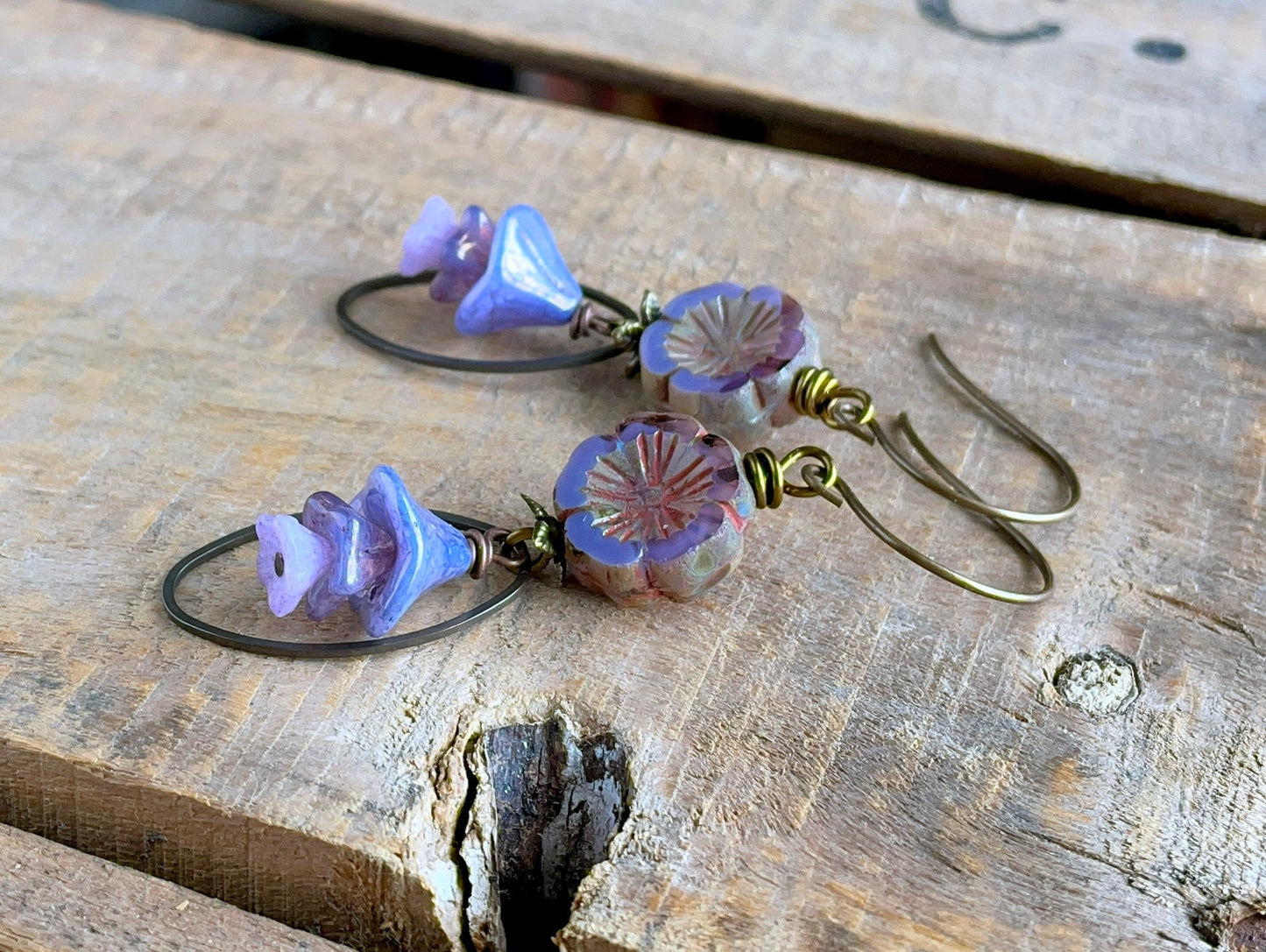 Lavender Czech Glass Flower Earrings. Purple Flower Bead Earrings. Stacked Earrings. Nature Inspired Floral Earrings. Spring Jewellery