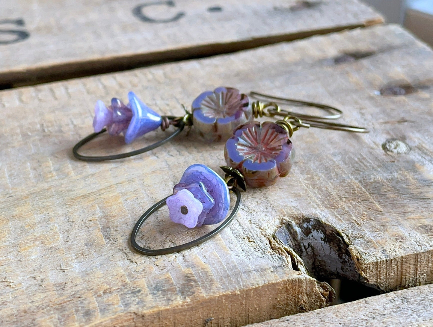 Lavender Czech Glass Flower Earrings. Purple Flower Bead Earrings. Stacked Earrings. Nature Inspired Floral Earrings. Spring Jewellery