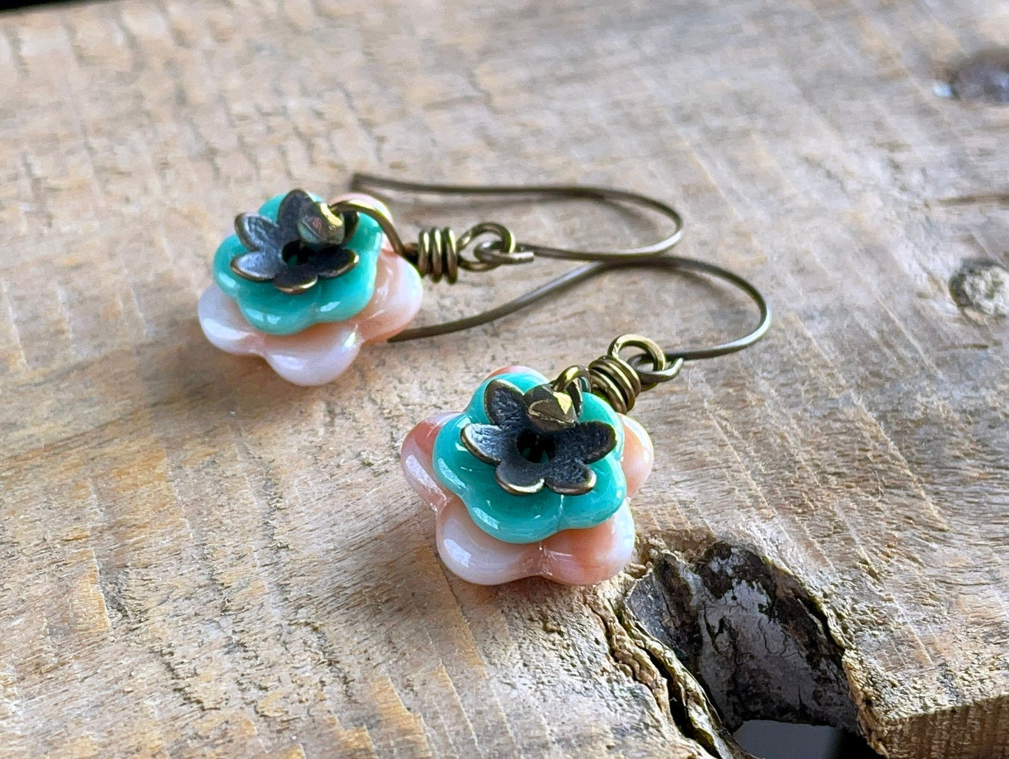 Czech Glass Flower Earrings. Pastel Peach & Turquoise Floral Earrings. Blossom Earrings. Stacked Earrings. Multi Colour Earrings