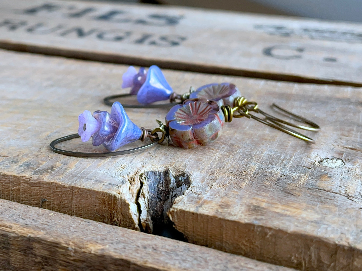 Lavender Czech Glass Flower Earrings. Purple Flower Bead Earrings. Stacked Earrings. Nature Inspired Floral Earrings. Spring Jewellery