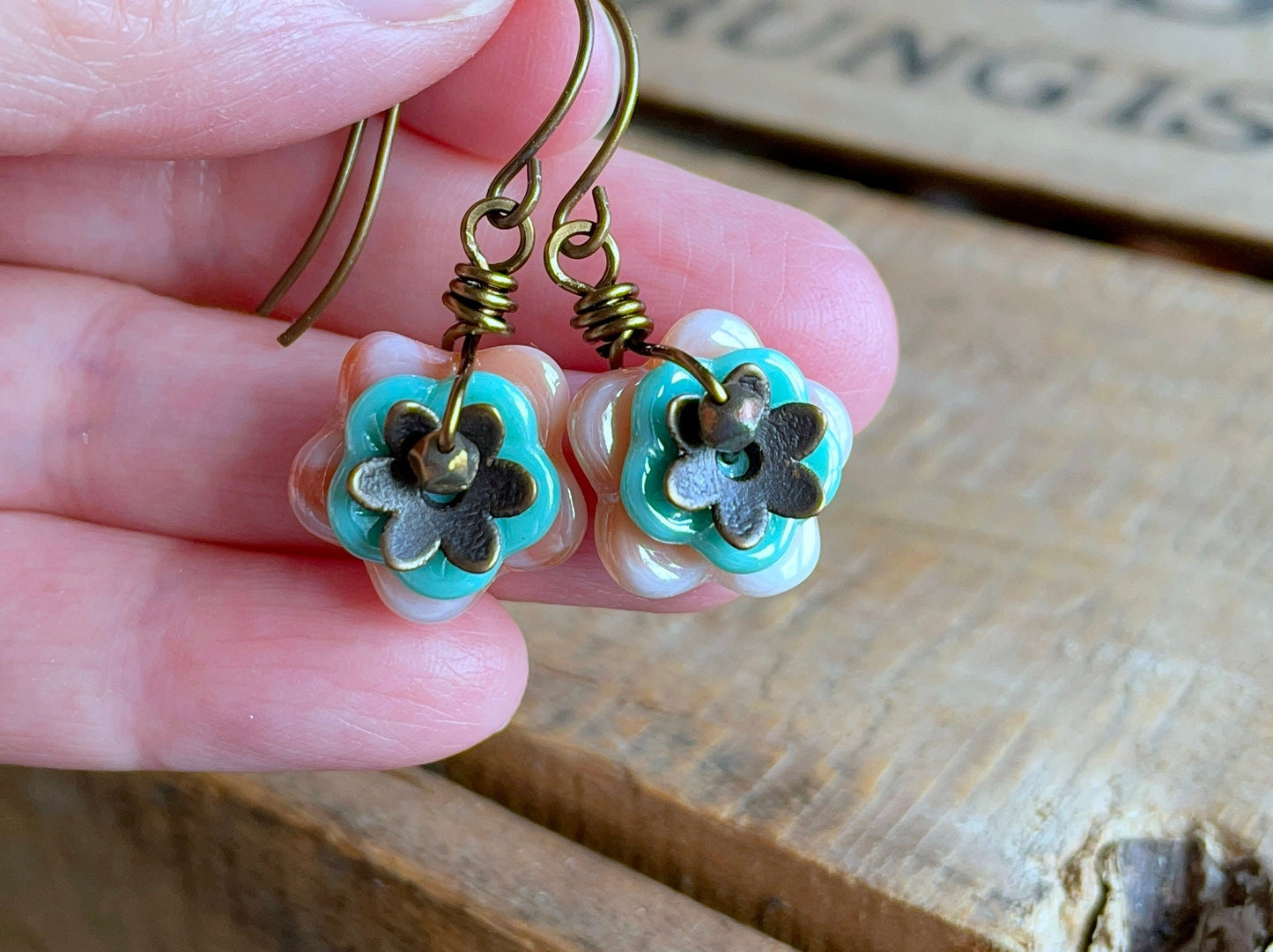 Czech Glass Flower Earrings. Pastel Peach & Turquoise Floral Earrings. Blossom Earrings. Stacked Earrings. Multi Colour Earrings