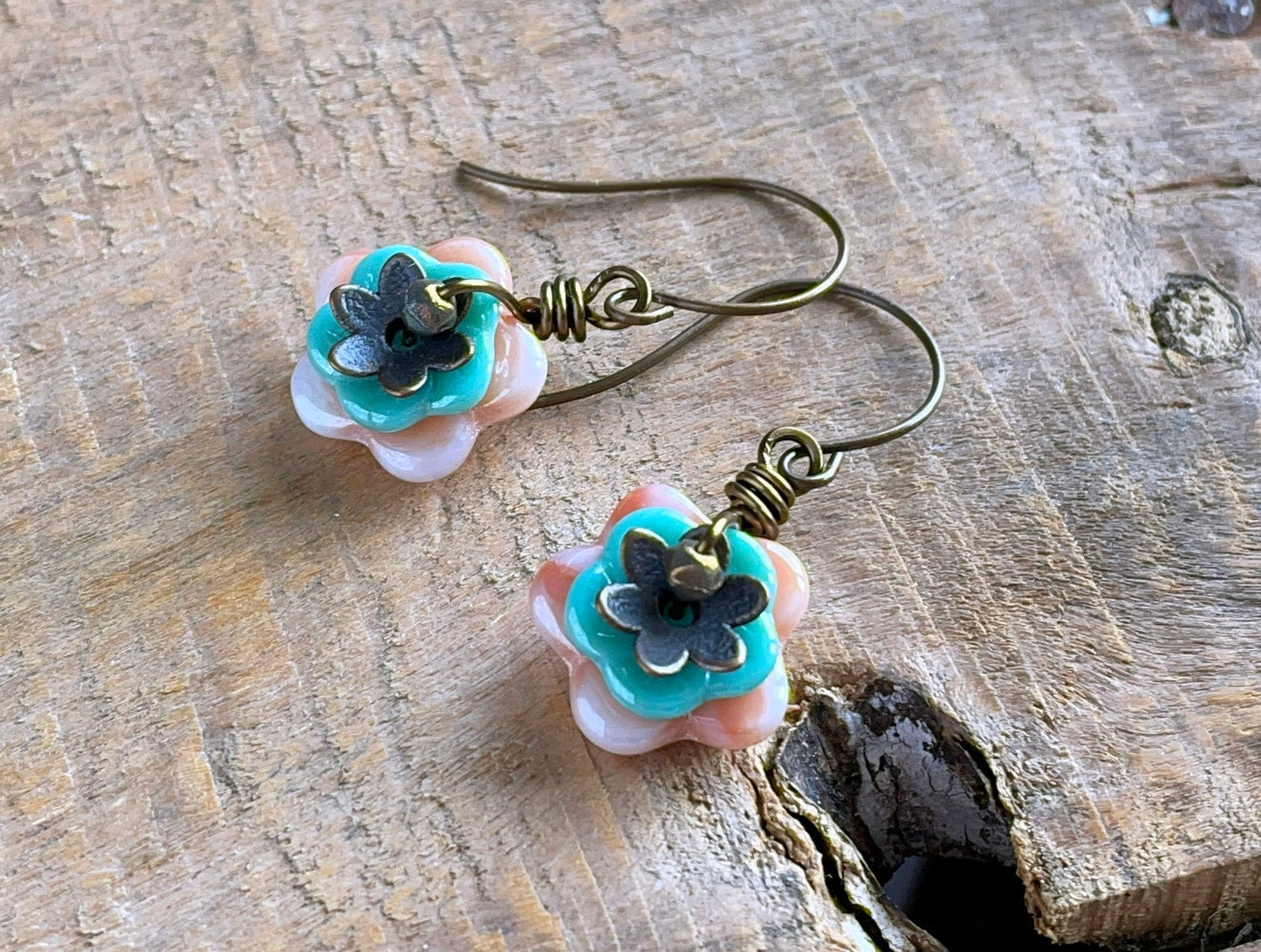 Czech Glass Flower Earrings. Pastel Peach & Turquoise Floral Earrings. Blossom Earrings. Stacked Earrings. Multi Colour Earrings