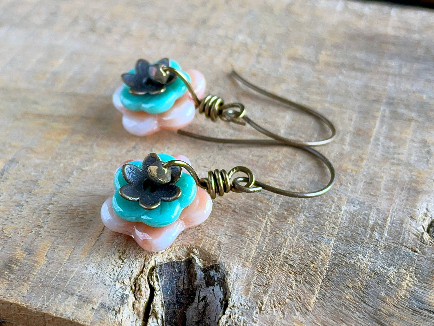 Czech Glass Flower Earrings. Pastel Peach & Turquoise Floral Earrings. Blossom Earrings. Stacked Earrings. Multi Colour Earrings