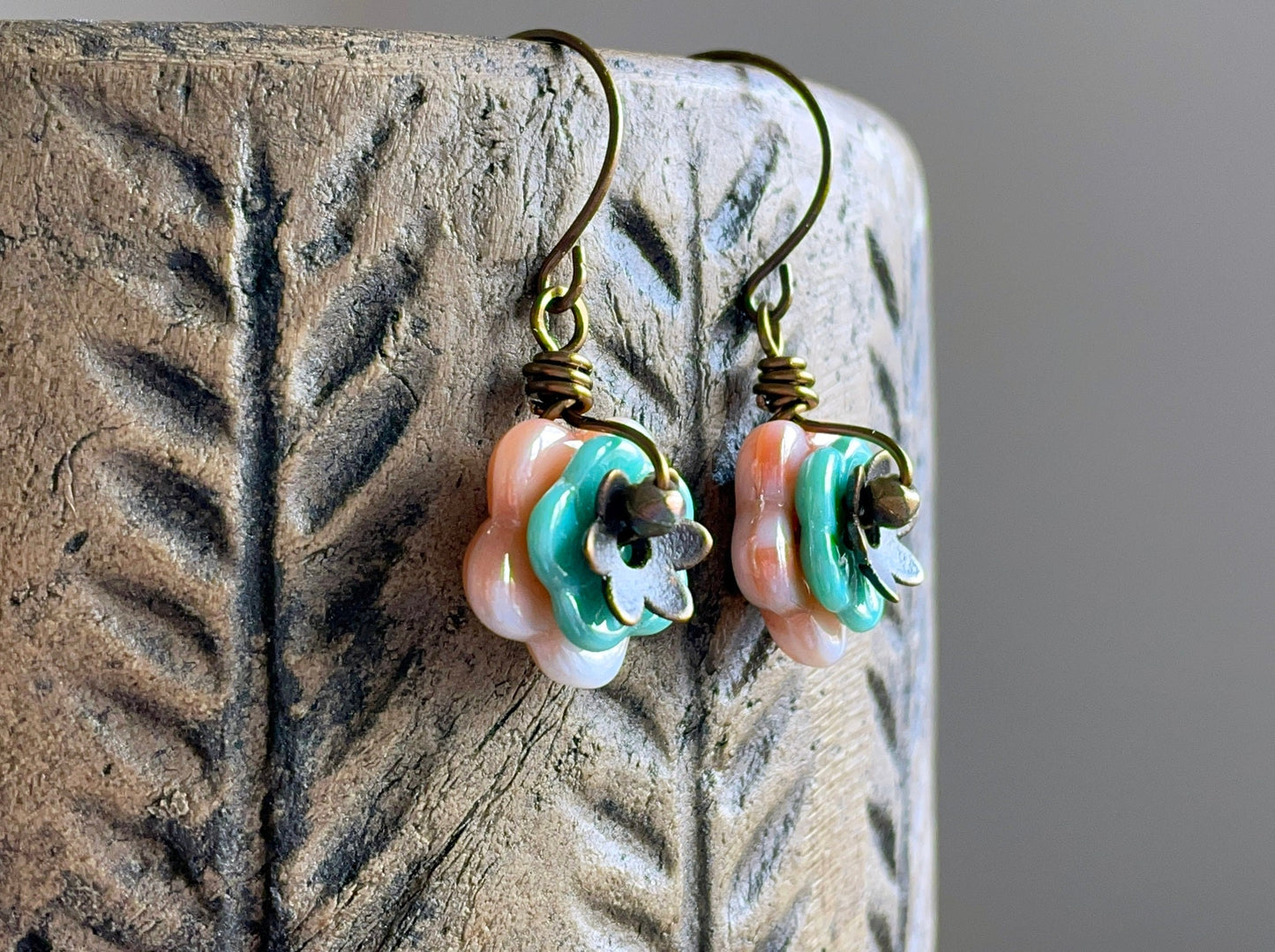 Czech Glass Flower Earrings. Pastel Peach & Turquoise Floral Earrings. Blossom Earrings. Stacked Earrings. Multi Colour Earrings