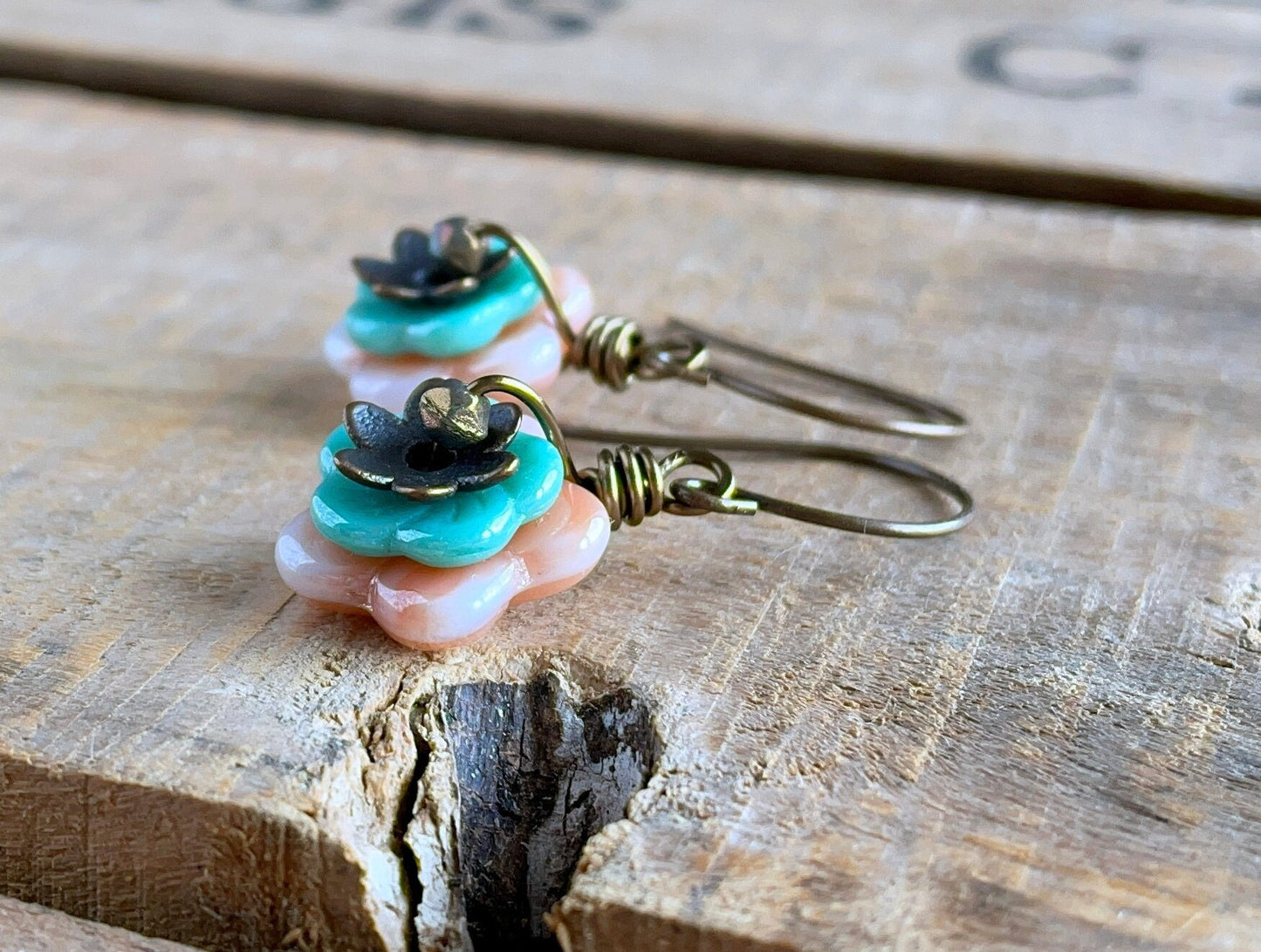 Czech Glass Flower Earrings. Pastel Peach & Turquoise Floral Earrings. Blossom Earrings. Stacked Earrings. Multi Colour Earrings