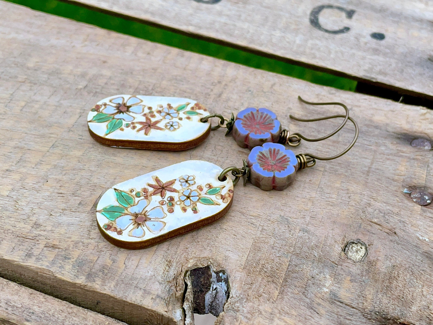 Hand Painted Floral Charm Earrings. Rustic Wood Charm Earrings. Lavender Czech Glass Flower Earrings. Nature Inspired Earrings