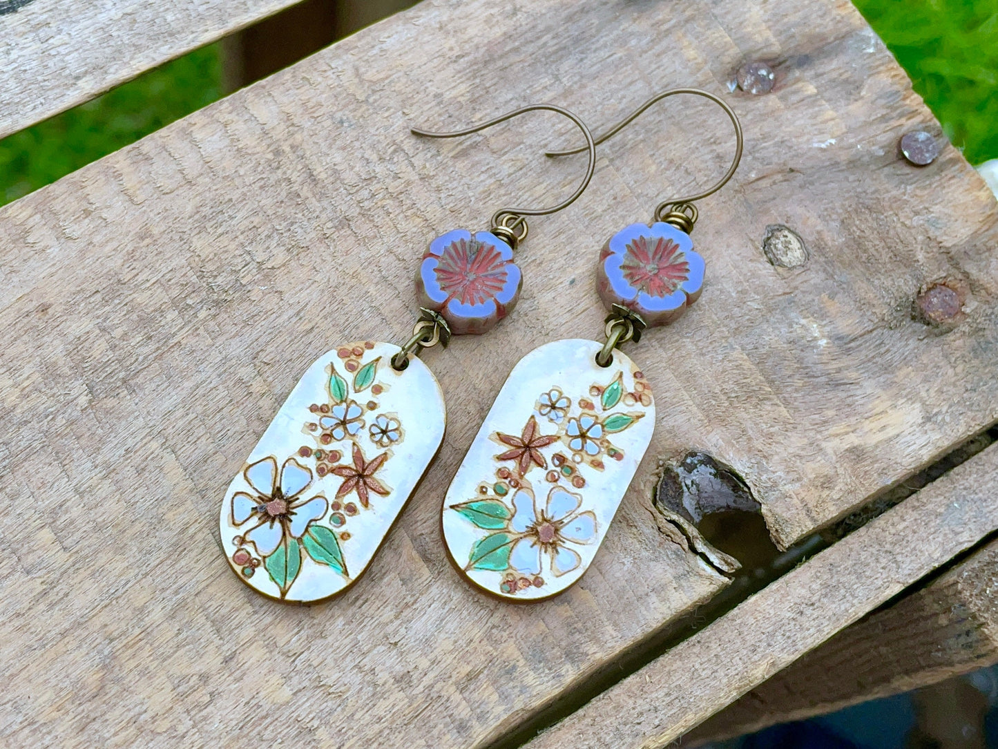 Hand Painted Floral Charm Earrings. Rustic Wood Charm Earrings. Lavender Czech Glass Flower Earrings. Nature Inspired Earrings