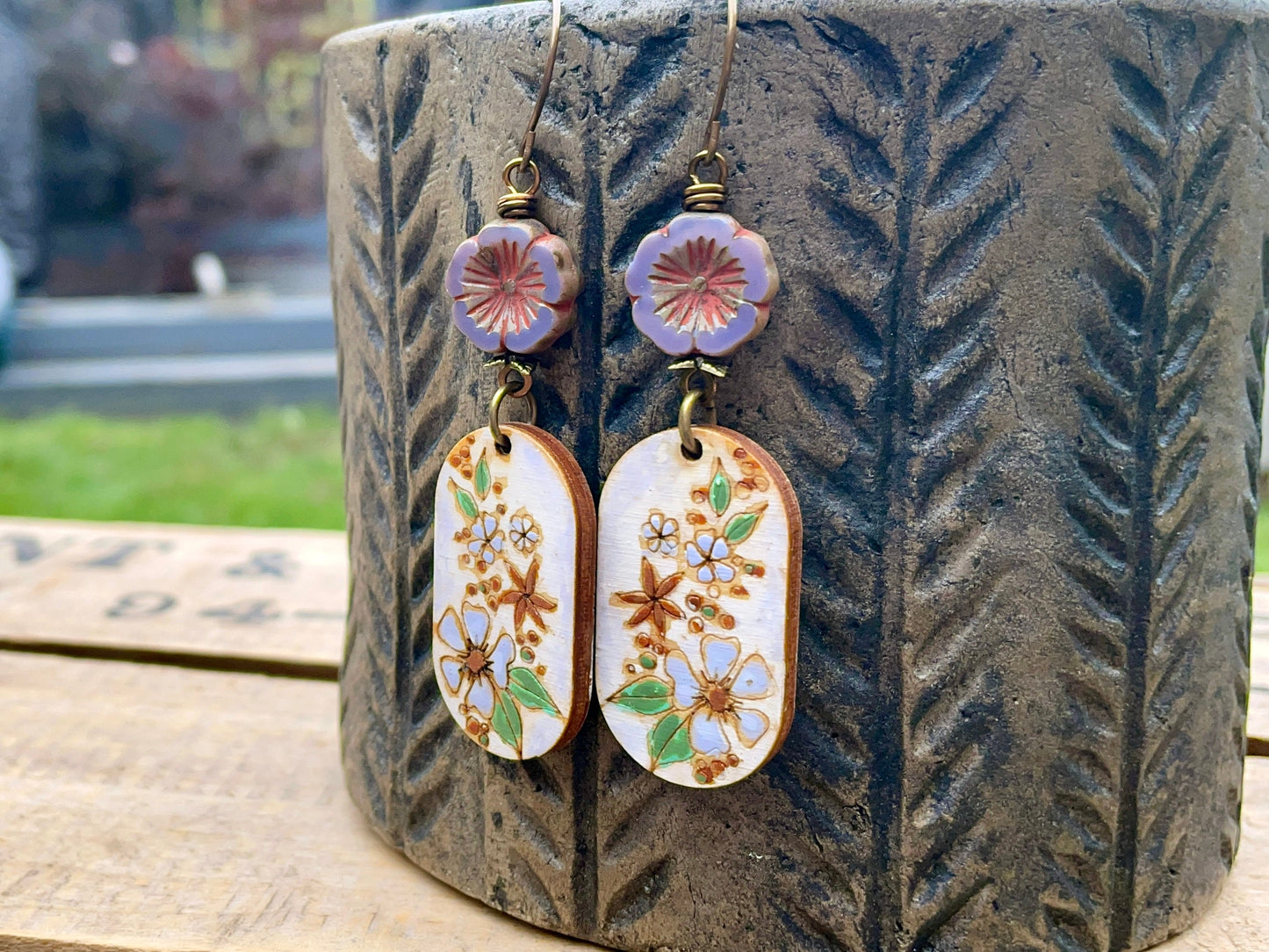 Hand Painted Floral Charm Earrings. Rustic Wood Charm Earrings. Lavender Czech Glass Flower Earrings. Nature Inspired Earrings