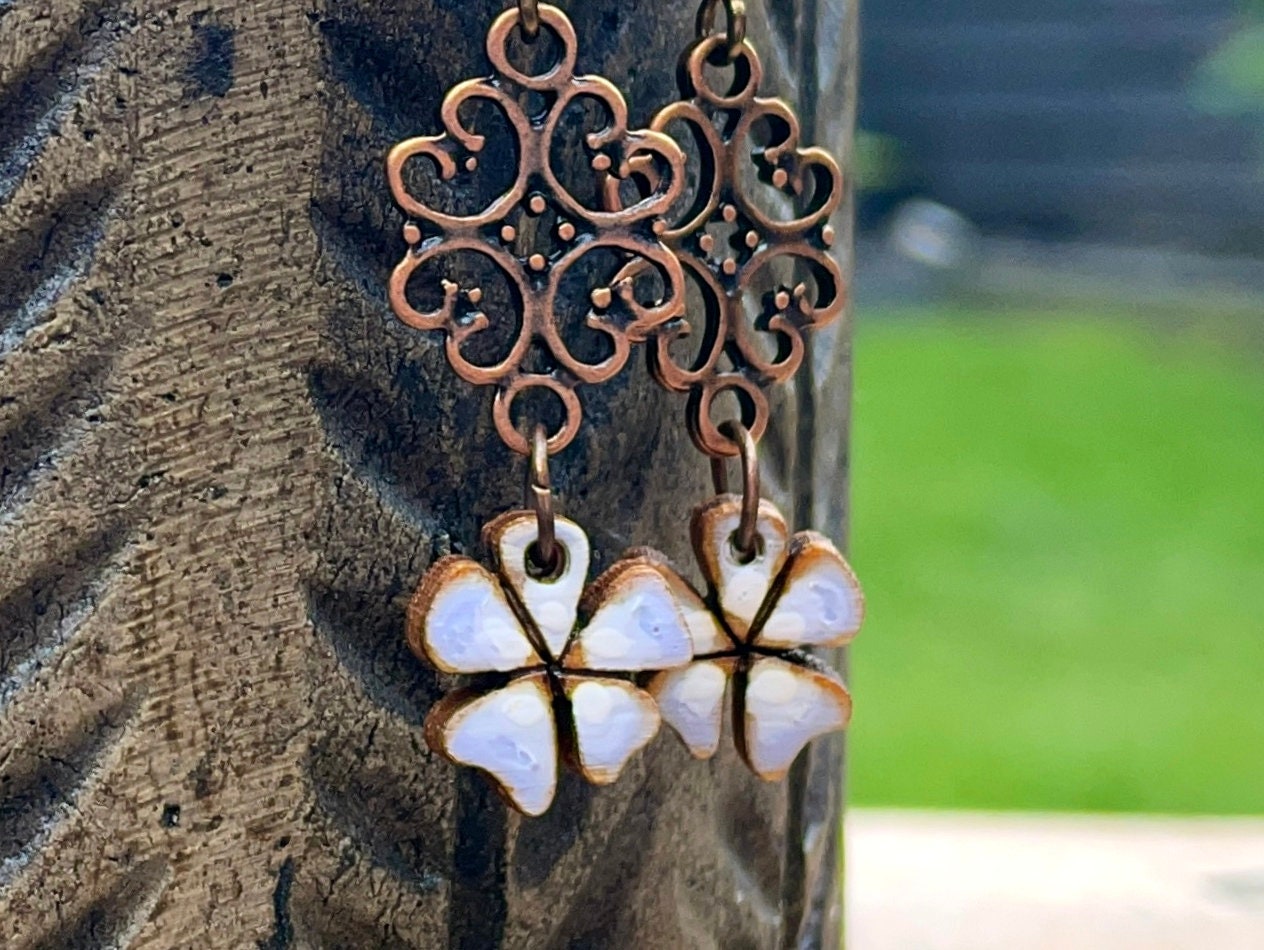 Wooden Azalea Blossom Earrings. Hand Painted Wood Charm Earrings. Copper Filigree Earrings. Nature Inspired Flower Jewellery