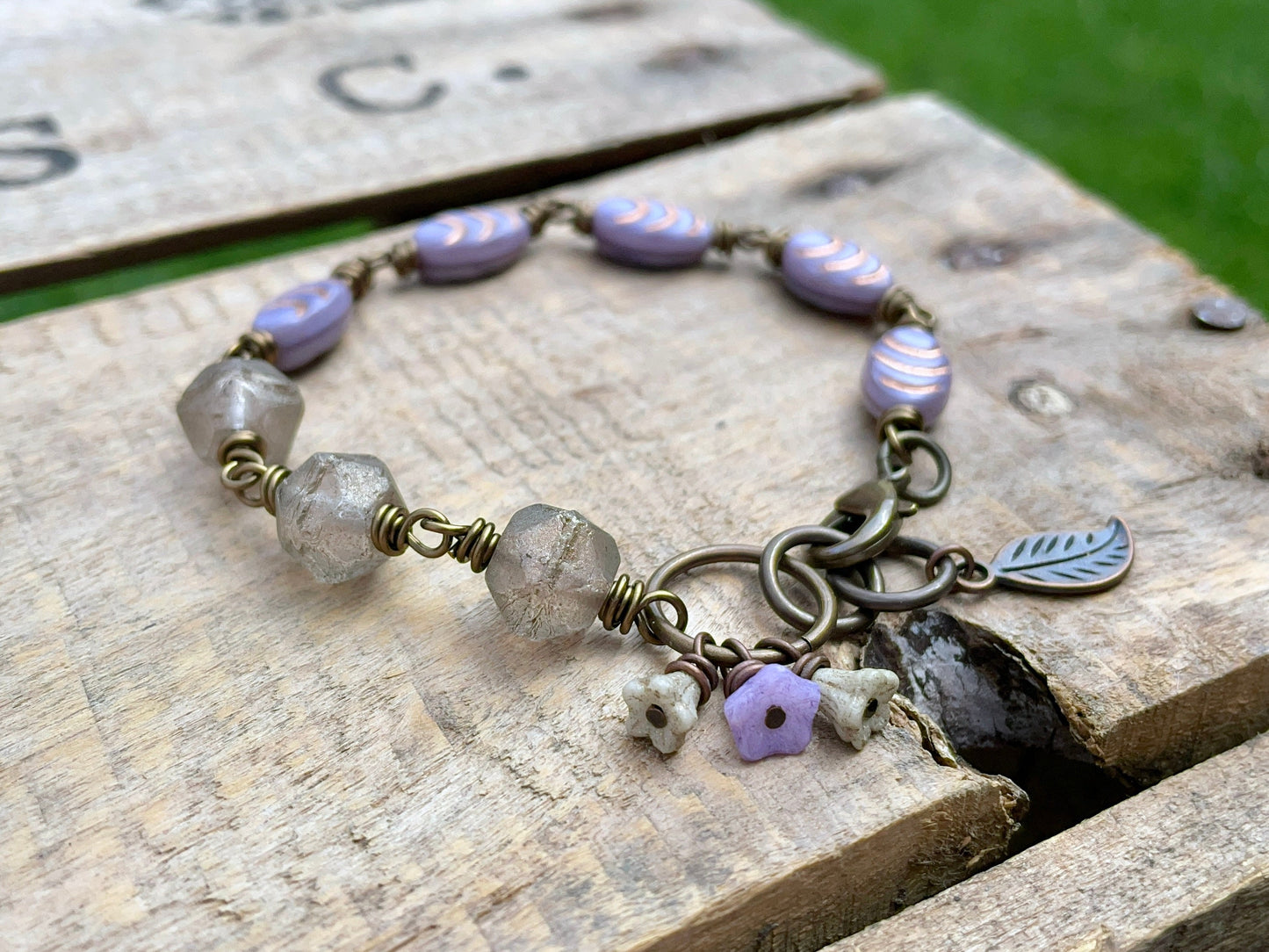 Wire Wrapped Czech Glass Bracelet. Purple  Cream Beaded Bracelet. Pastel Bracelet. Bohemian Style Jewellery