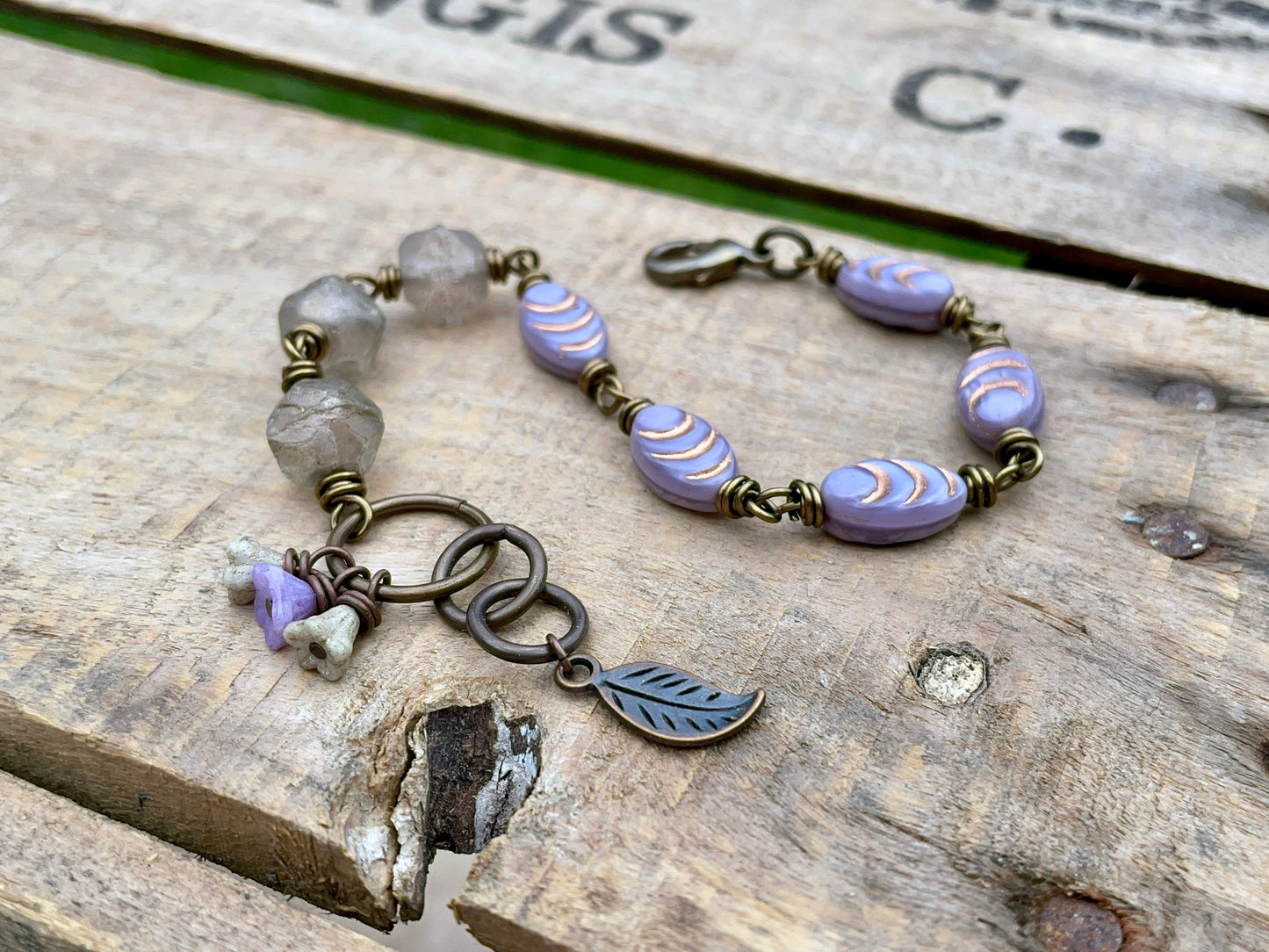 Wire Wrapped Czech Glass Bracelet. Purple  Cream Beaded Bracelet. Pastel Bracelet. Bohemian Style Jewellery