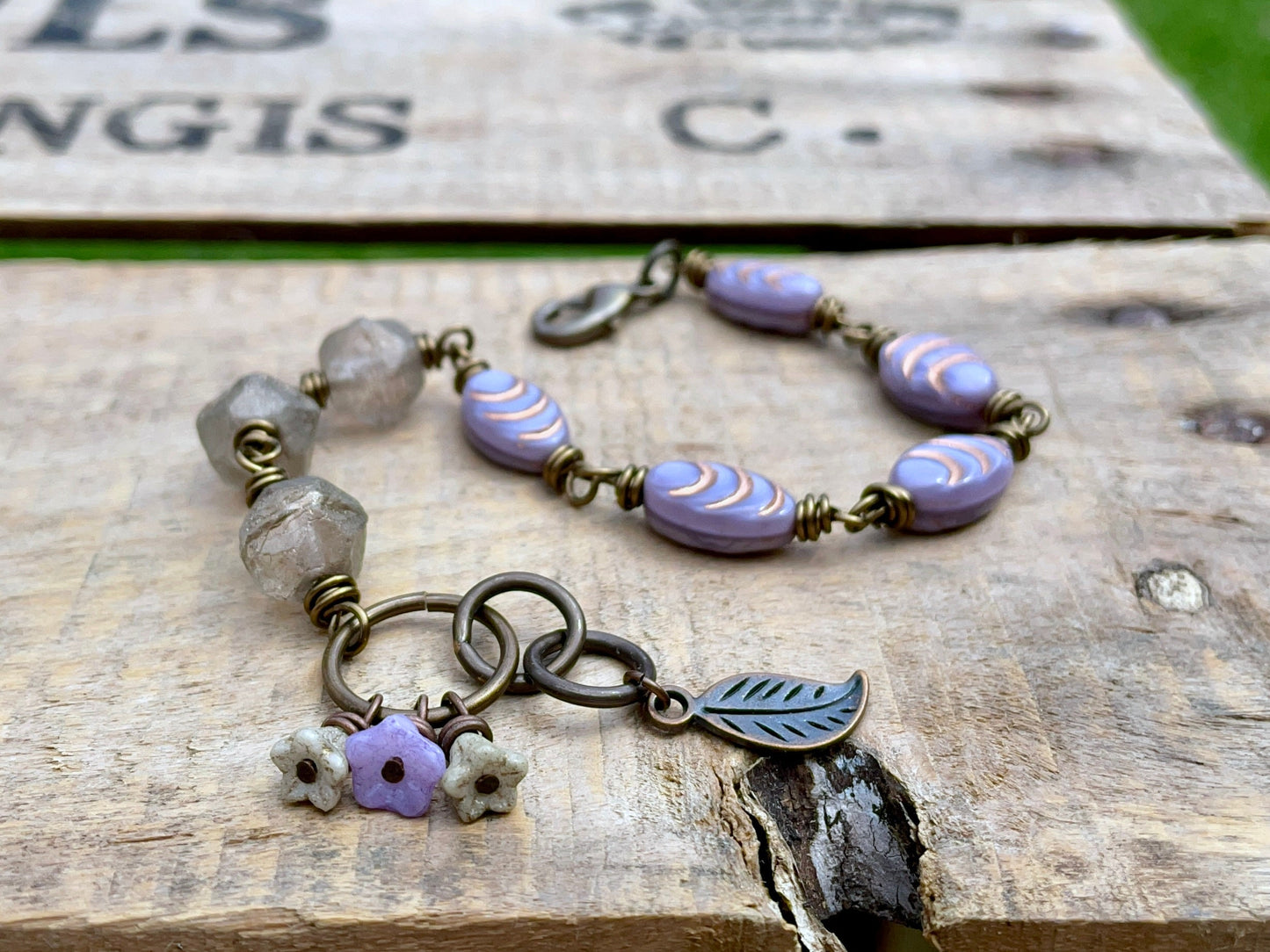 Wire Wrapped Czech Glass Bracelet. Purple  Cream Beaded Bracelet. Pastel Bracelet. Bohemian Style Jewellery