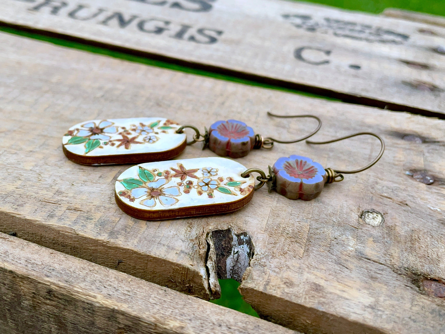 Hand Painted Floral Charm Earrings. Rustic Wood Charm Earrings. Lavender Czech Glass Flower Earrings. Nature Inspired Earrings