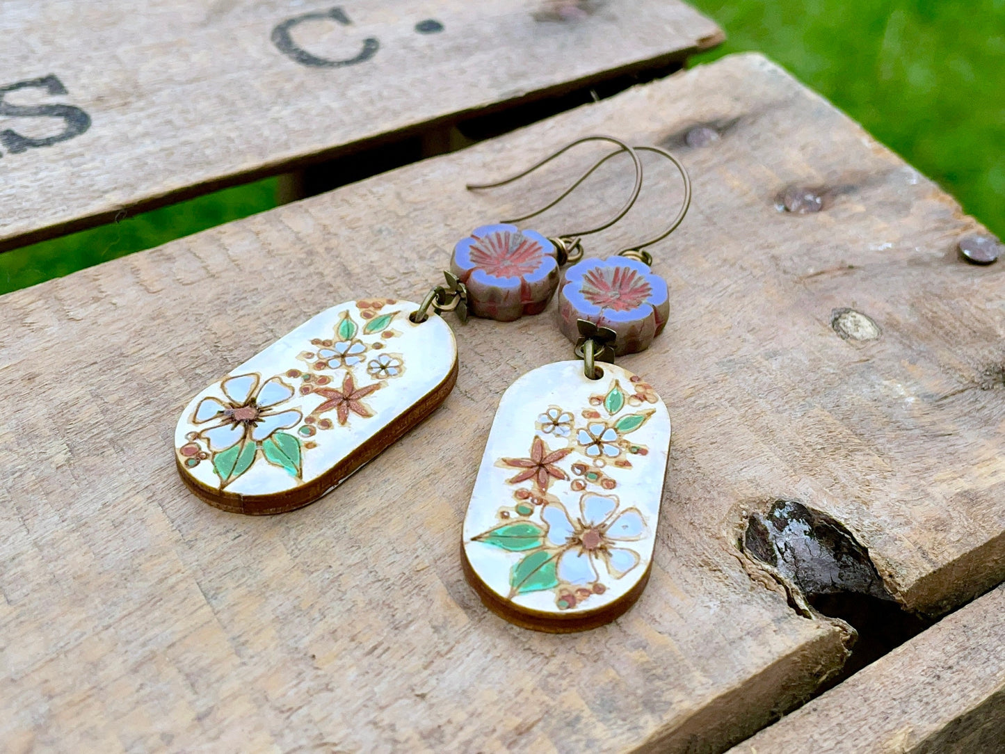 Hand Painted Floral Charm Earrings. Rustic Wood Charm Earrings. Lavender Czech Glass Flower Earrings. Nature Inspired Earrings