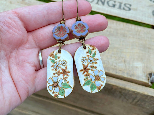 Hand Painted Floral Charm Earrings. Rustic Wood Charm Earrings. Lavender Czech Glass Flower Earrings. Nature Inspired Earrings