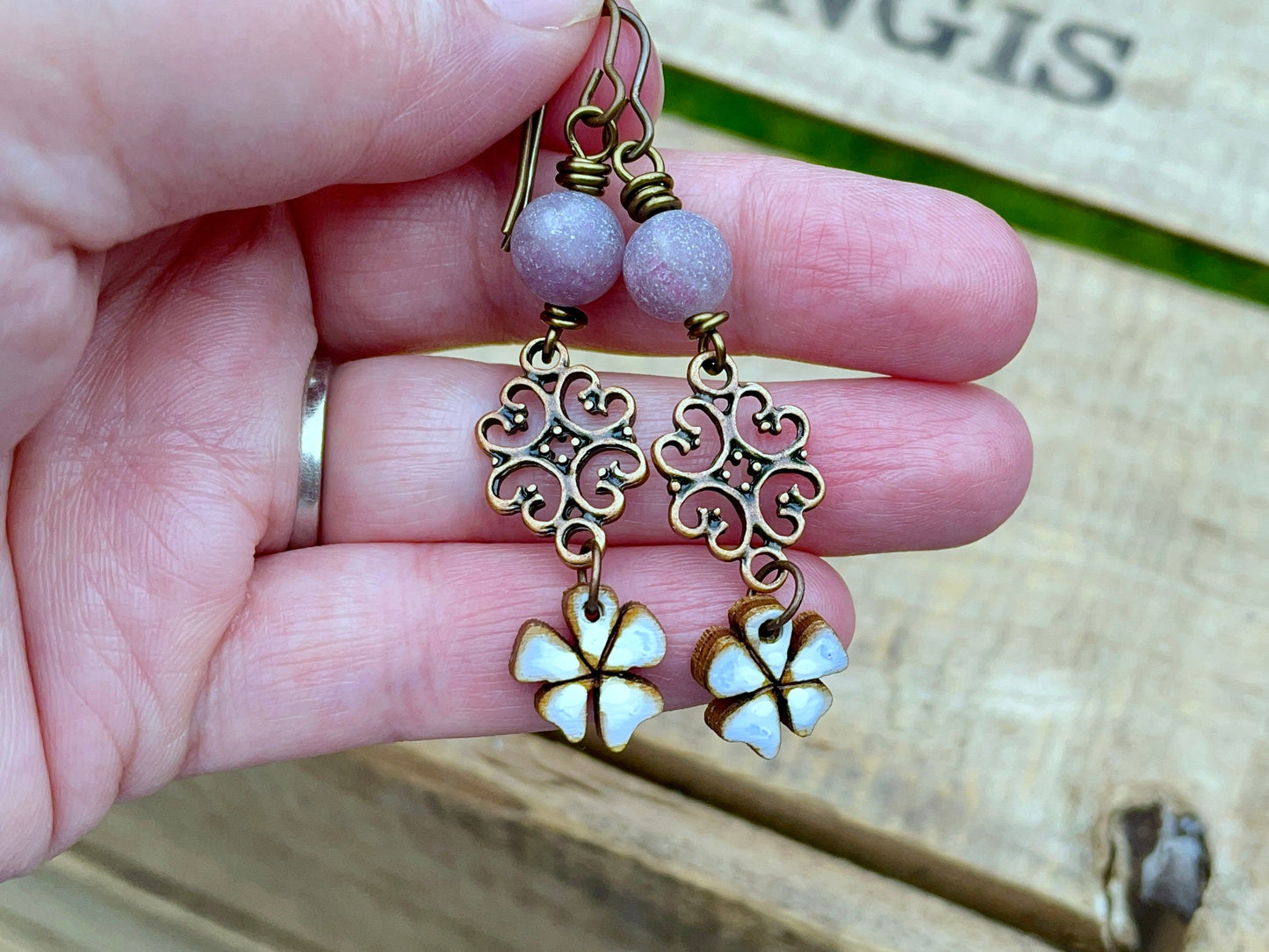 Wooden Azalea Blossom Earrings. Hand Painted Wood Charm Earrings. Copper Filigree Earrings. Nature Inspired Flower Jewellery