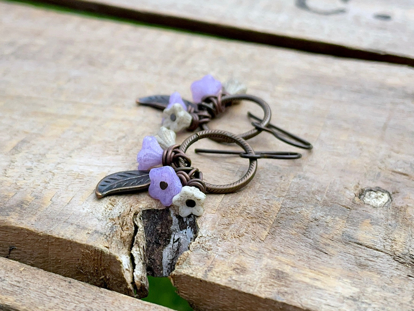 Floral Cluster Earrings. Lilac  Cream Czech Glass Flower Earrings. Blossom Earrings. Nature Inspired Jewellery