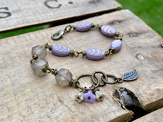 Wire Wrapped Czech Glass Bracelet. Purple  Cream Beaded Bracelet. Pastel Bracelet. Bohemian Style Jewellery