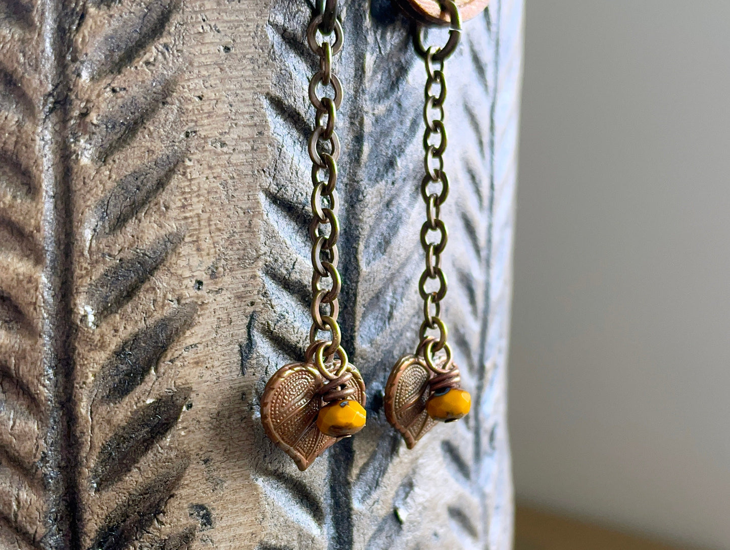 Long Bohemian Style Earrings. Golden Yellow Earrings. Hand Painted Wooden Earrings. Brass Leaf Charm Earrings