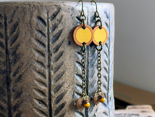 Long Bohemian Style Earrings. Golden Yellow Earrings. Hand Painted Wooden Earrings. Brass Leaf Charm Earrings