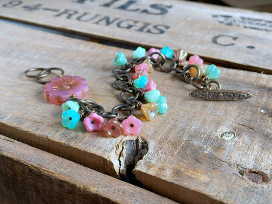 Colourful Czech Glass Flower Bracelet. Cluster Bracelet. Bohemian Style Floral Bracelet. Nature Inspired Jewellery